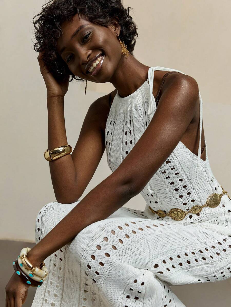 Bóhologie KOMFORTABLER Neckholder-Rückenfreier Binde-Knoten Cut Out-Out gehäkelter Maxi-Strick-Cover-Up für Sommer-Strandbekleidung