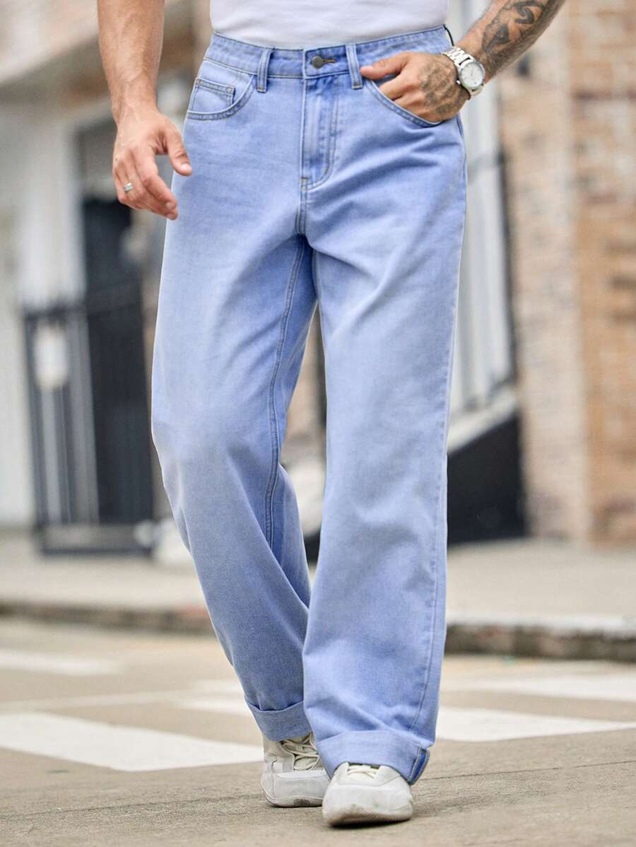 Manfinity VCAY 男士休闲浅色卷边直筒牛仔裤，适合夏季