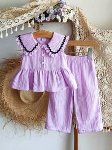 SHEIN Vintaside Kids 2 件女婴可爱时尚海军蓝领无袖上衣和裤子套装，学院风春夏装。 - 紫色 - 查看 4