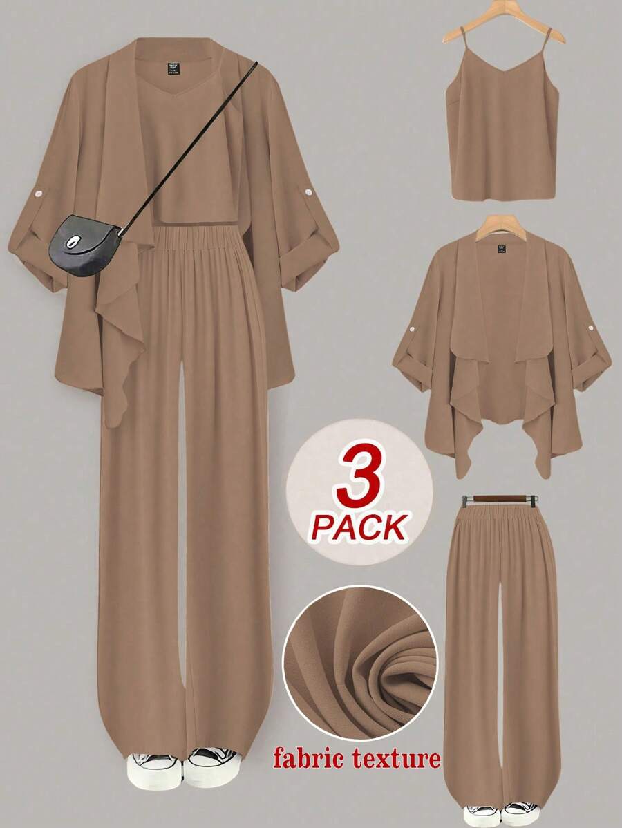 SHEIN LUNE Plus Size Women 3pcs Set: Woven Casual Cardigan + Camisole + Wide Leg Pants Fall Cloth For Women