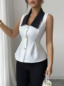 Elenzga Camisa de mujer elegante, casual, cómoda y de estilo vintage minimalista para días de vacaciones, sin mangas, con cuello vuelto, contraste de color en el dobladillo y la cintura entallada en unicolor