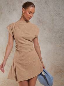 COSMINA Women's Fashionable & Elegant Embroidered Waist Mini Dress - Khaki - View 7