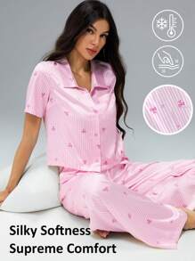 SHEIN Tall 2件套女士粉色蝴蝶结印花条纹短袖上衣和宽松裤子缎面睡衣套装 - 彩色 - 查看 3