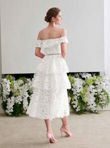 MOTF Soiréza LACE ELEGANT ROMANTIC OFF SHOULDER RUFFLE TRIM LAYERED HEM COCKTAIL DRESS - Beige - View 5