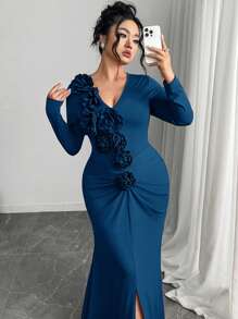 Modelyn Vestito elegante a trapezio con decorazione floreale 3D e volant, taglie comode per donne di taglia grande