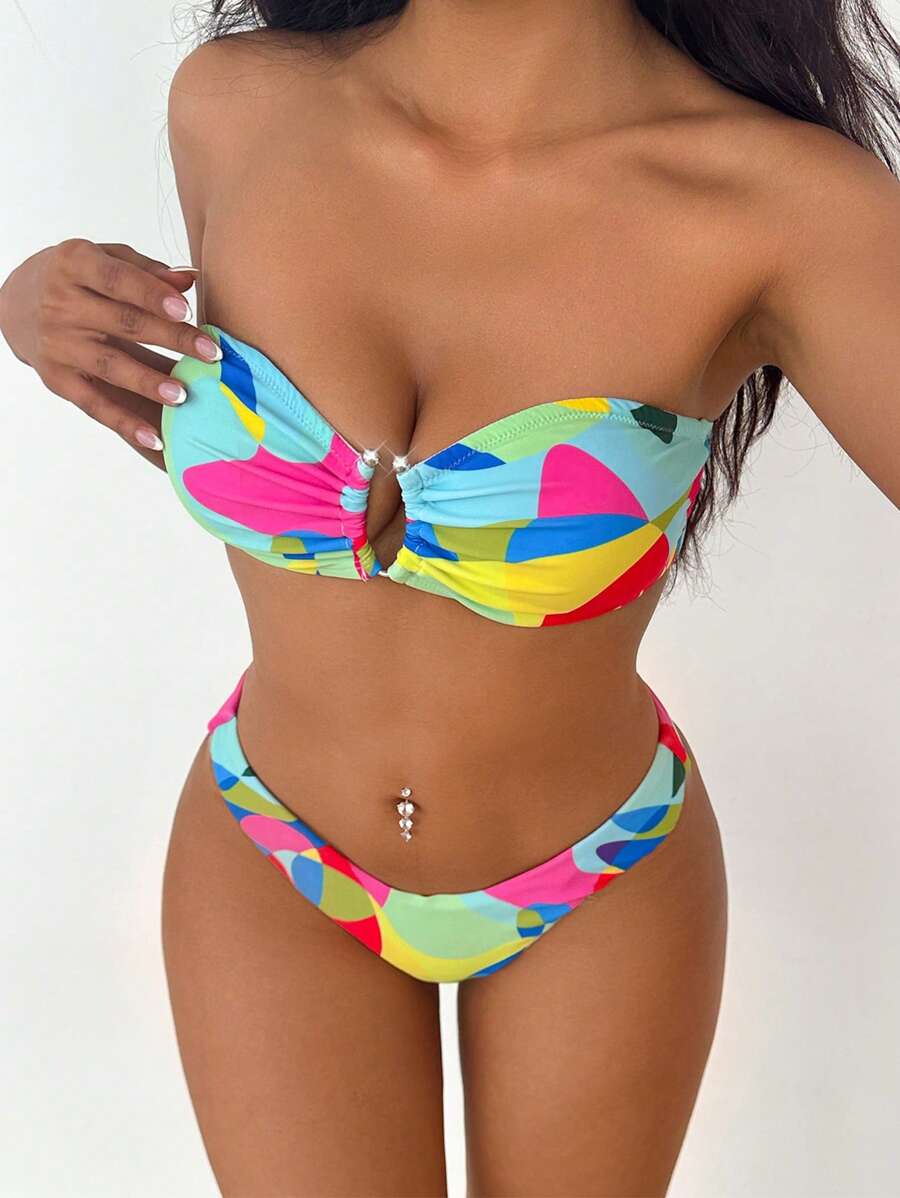SHEIN Swim Conjunto de bikini sexy con estampado geométrico para mujer