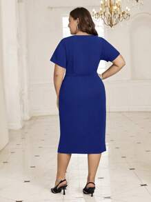 Vestido elegante de verano con lentejuelas y parches, con abertura lateral y detalle de nudo en la parte delantera, talla grande - azul real - Ver 4
