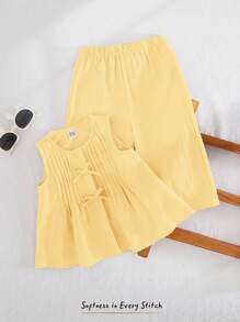 Cozy Pixies 2pcs Baby Girls Bow Decor Sleeveless Crew Neck Top And Elastic Waist Pants Set - Yellow - View 6