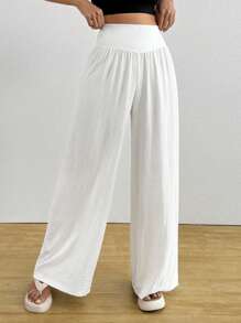 Roylia Women's Casual Solid Color Wide Leg Pants, Versatile - White - View 3