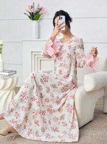 Yasmyna 优雅花卉印花喇叭袖蕾丝花边女式土耳其和阿拉伯传统长款束腰外衣 - 粉色 - 查看 7