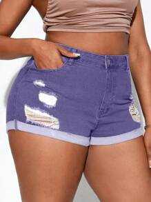 SHEIN SXY Quần short denim thường ngày đa năng có túi rách cỡ lớn cho nữ - Màu tím - Xem 7