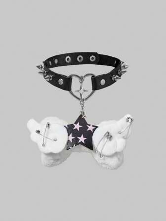 Anime Cravate réglable au style punk Y2K avec design d'étoile à cinq branches foncées et d'ailes d'os pour femmes ; Collier pendentif avec cœur clouté gothique de style rue, convient pour le costume et la photographie de rue