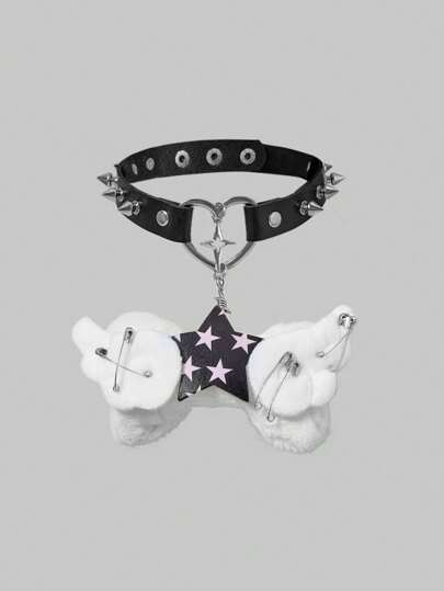 Anime Y2K Punk Style Adjustable Necktie With Dark Five-Pointed Star & Bone Wing Design For Women; Gothic Street Studded Heart Pendant Necklace Accessory, Suitable For Costume Play And Street Photography