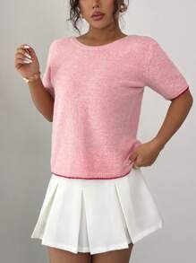 Elenzga 女士优雅通勤休闲双面针织短袖毛衣，搭配可爱蝴蝶结撞色粉色 - 粉色 - 查看 6