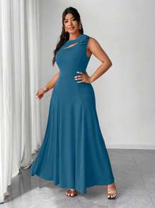 Elenzga Plus Size Women Solid Color Hollow 3D Floral Dress - Turkusowy - Zobacz 2