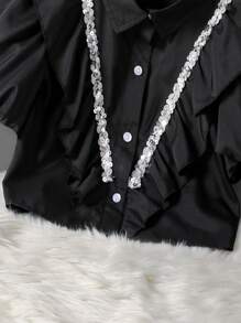 青少年女孩白色衬衫，时尚衬衫，亮片丝带饰边，荷叶边，泡泡袖，百搭优雅的夏装 - 黑色 - 查看 6