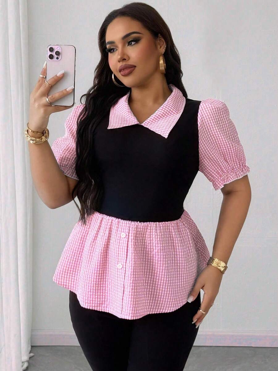 Maweii Áo thun kẻ caro cổ polo cỡ lớn dành cho nữ - Hồng - Xem 1