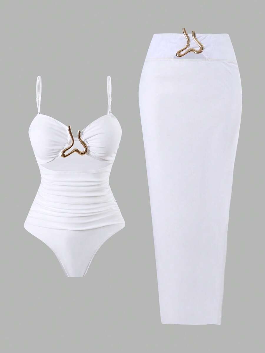 Swim Oasis Women 2025 New Solid Color Strapless Hollow Out Swimsuit With Mesh Maxi Skirt, Beach Resort Summer Casual Set - White - View 1