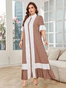 Lacomfia Plus Size Women Contrast Color Short Puff Sleeve Single Breasted Arabic Style Dress - Multicolor - View 3
