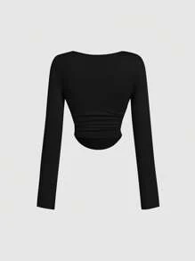 SHEIN MOD 3 件女式褶皱休闲方领长袖 T 恤套装，保暖服装，秋季女装，外出上衣，假日女装，新年，白色上衣 - 軍綠色 - 查看 8