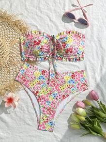 SHEIN Swim 女士两件套海滩度假装：可爱碎花荷叶边抹胸上衣和珍珠装饰抽绳系带比基尼套装 - 彩色 - 查看 4
