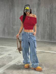 StreetHx 女士性感不对称领口修身短款T恤，休闲