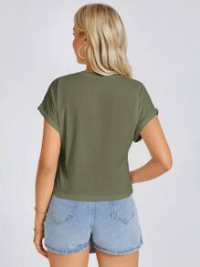 EMERY ROSE Women's Summer Solid Color Round Neck Batwing Sleeve Casual T-Shirt - Army Green - View 2