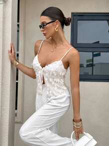 Siren Gaze 女式夏季纯色前系带亮片吊带背心 - 杏色 - 查看 6