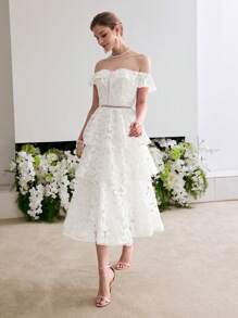 MOTF Soiréza LACE ELEGANT ROMANTIC OFF SHOULDER RUFFLE TRIM LAYERED HEM COCKTAIL DRESS - Beige - View 7