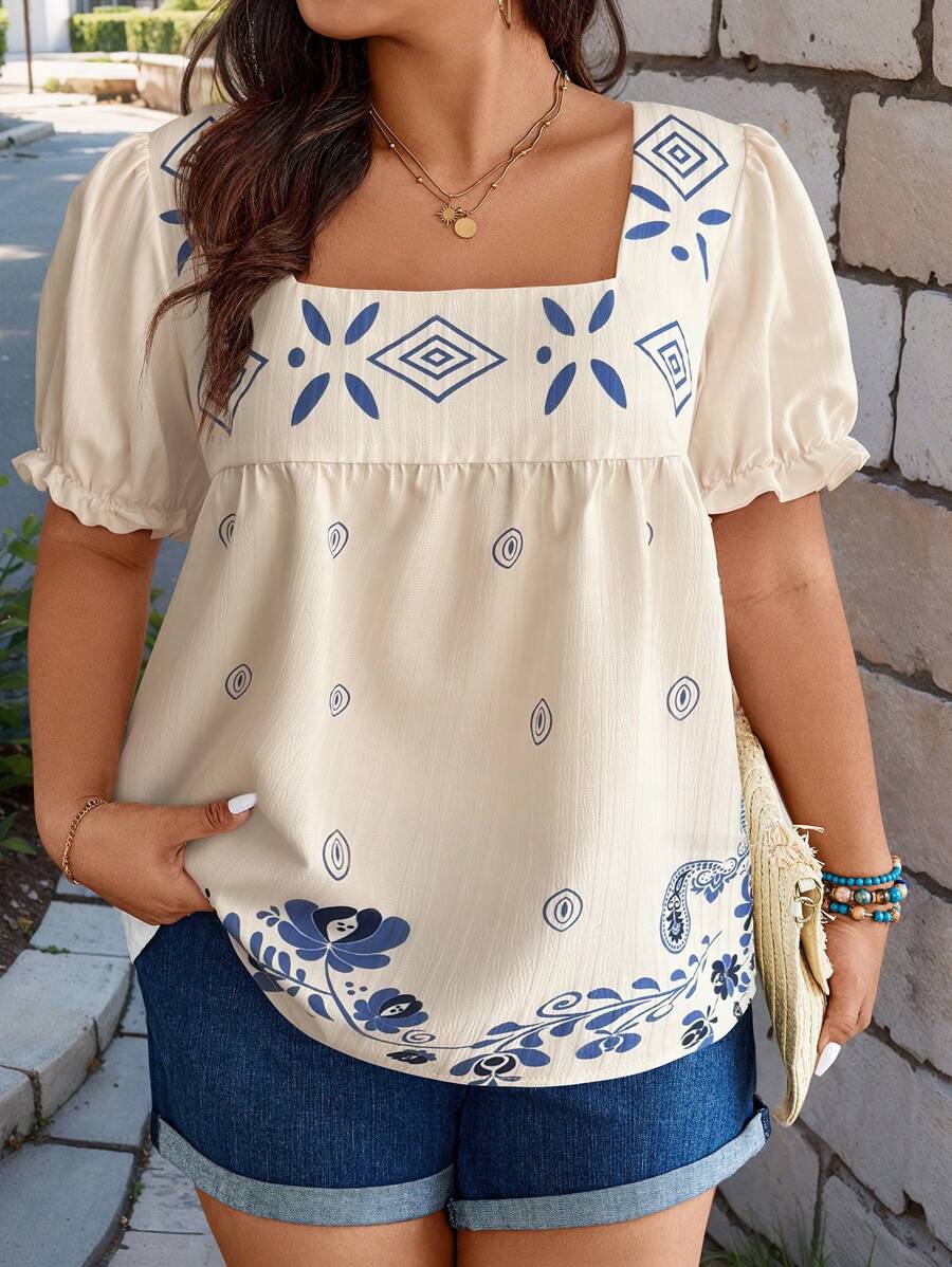 SHEIN Clasi Plus Size Random Flower Print Casual Vacation Shirt - Multicolor - View 1