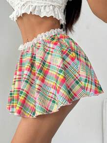 INAWLY 女士休闲梭织格子荷叶边松紧腰夏季短裤和宽松 A 字裙 - 彩色 - 查看 3