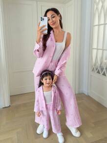 SHEIN Babygirl 可爱度假休闲百搭粉色和白色条纹蝴蝶结长袖上衣和松紧腰长裤套装