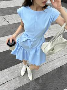 SHEIN Vestido de verano elegante con parche floral de estilo capullo para niñas adolescentes - Celeste - Ver 1