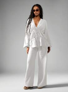MISSGUIDED 亚麻质感阔腿裤 Co Ord 波西米亚风夏季度假装长袖分层衬衫阔腿裤秋季假日时尚 - 白色 - 查看 5