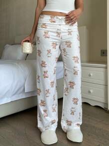 Pantaloni ampi da yoga in maglia bianca con stampa di orsetto teddy a vita bassa con laccetto, abbigliamento casual per la casa, adatto per l'estate, per ragazze adolescenti
