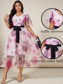 Modelyn Plus Size Floral Print V-Neck Belted Short Sleeve Elegant Dress