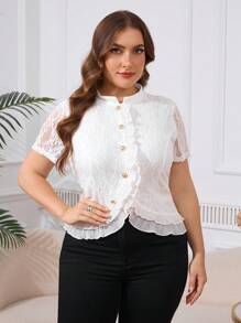 SHEIN Clasi Blusa elegante de talla grande con volantes de encaje y unicolor para el verano - Blanco - Ver 7