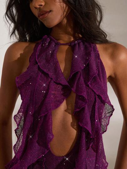 Opulessa Vestido mini de mujer sin espalda, sin mangas, con tejido de punto y volantes en el bajo