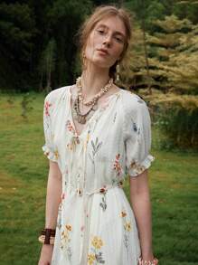 Florisole 女式 V 领蝴蝶结可调节肩带编织腰带束腰连衣裙，波西米亚夏日度假风 - 杏色 - 查看 3