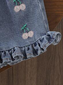 SHEIN Vintaside Kids Babygirls 夏季两件套服装 - 红色吊带上衣搭配樱桃刺绣牛仔短裤，适合外出、休闲装、轻运动和欢乐派对时光 - 紫色 - 查看 6