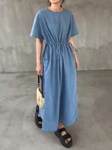 FRIFUL Damen Sommer lässiges Denim Kleid mit Tunnelzug in der Taille