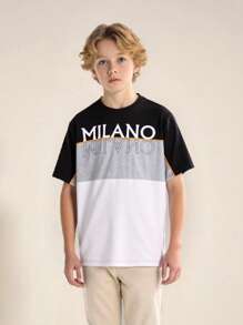 SHEIN Tween Boy Casual Minimalist Letter Print Round Neck T-Shirt, Summer 2025 Back To School Season Collegiate & Sportswear - Multicolor - View 1