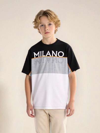 SHEIN Tween Boy Casual Minimalist Letter Print Round Neck T-Shirt, Summer 2025 Back To School Season Collegiate & Sportswear