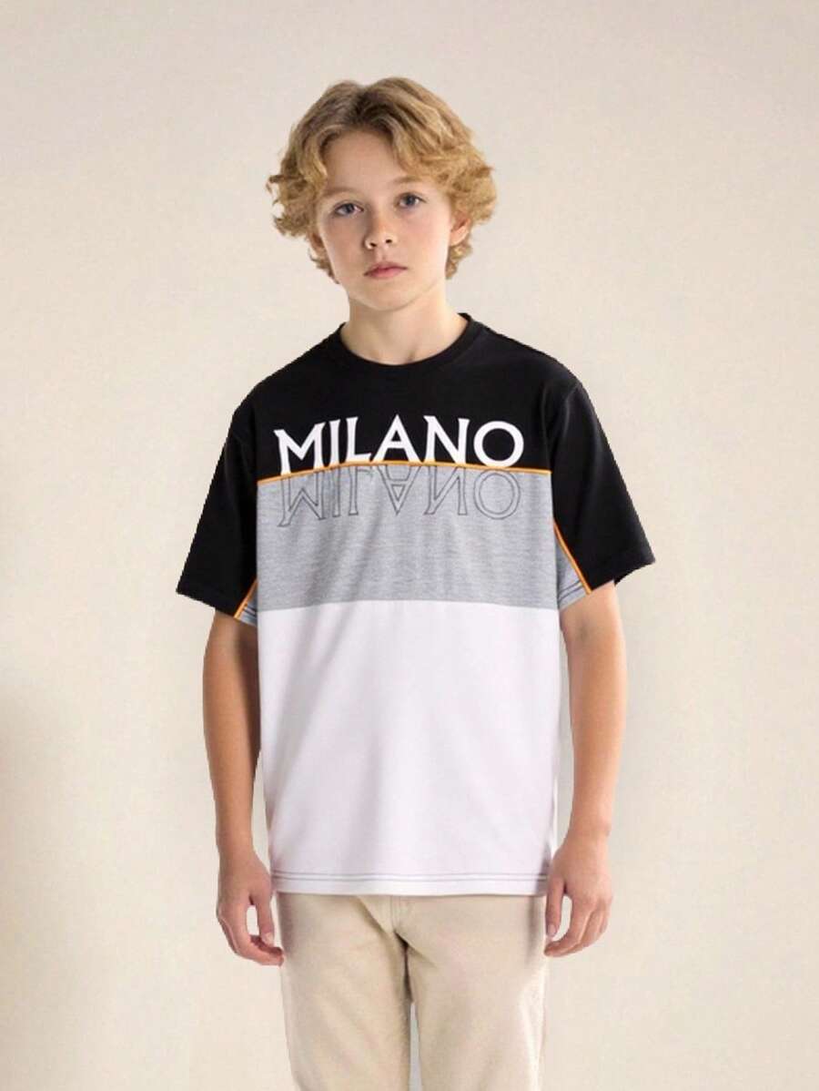 SHEIN Tween Boy Casual Minimalist Letter Print Round Neck T-Shirt, Summer 2025 Back To School Season Collegiate & Sportswear - Multicolor - View 1