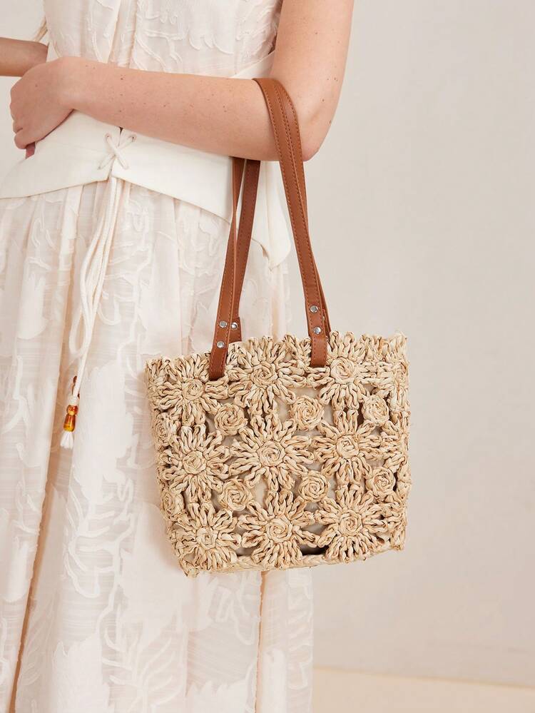 Borsa a spalla da vacanza con motivo floreale in paglia