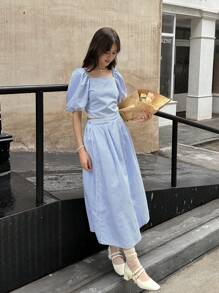 SHEIN Set de 2 piezas con Top sin espalda con lazo y abertura, y falda minimalista, conjunto elegante de estilo casual de verano con rayas tejidas, para adolescentes, para reuniones - Celeste - Ver 3