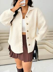 Solflare Plus Size Women Casual Versatile Apricot Jacket Teddy Cardigan Winter Fall Autumn