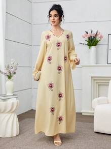 Al Najma Yellow Printed Loose Fit Turkish & Arabian Style Traditional Long Kaftan For Women - Yellow - View 3