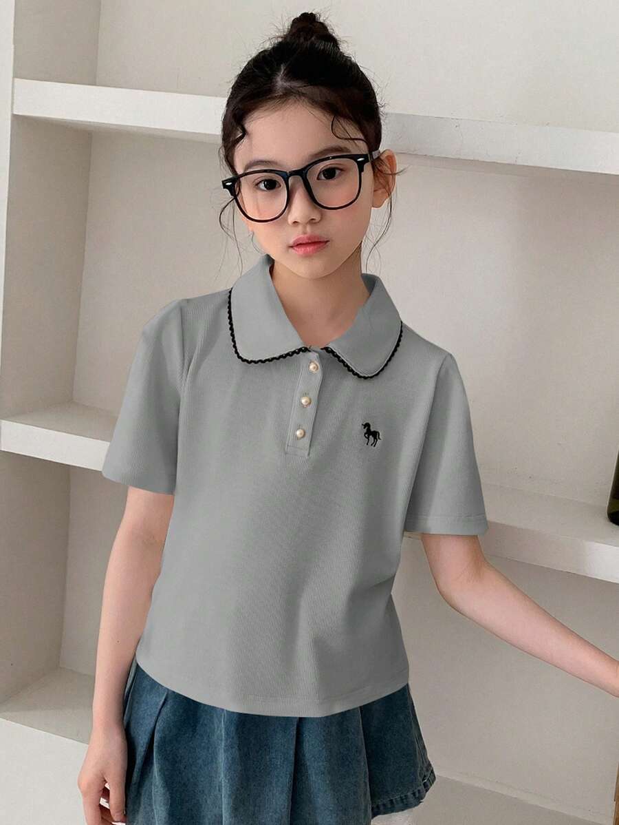 Dazy Kids Tween 女童夏季马匹印花 Polo 领短袖休闲 T 恤 - 灰色 - 查看 1