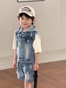 SHEIN Young BoyFashion 户外街头休闲牛仔套装：针织帽、拼布背心、破洞牛仔背心、破洞牛仔裤 - 中等水洗藍 - 查看 7